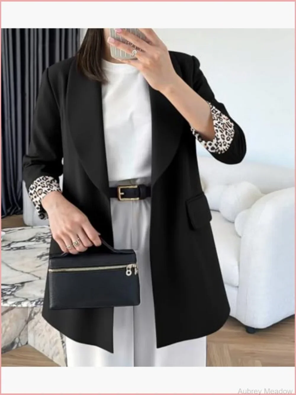 Women's Business Casual Blazer with 3/4 Sleeves and Leopard Lining